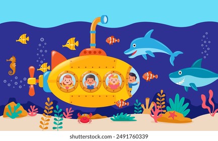 children's adventure vector, adventure with a small submarine in the ocean