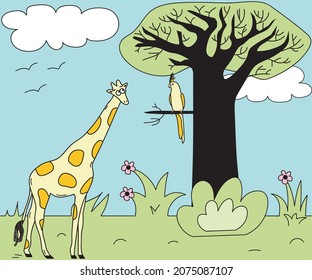 children's african illustration - giraffe and parrot