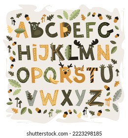 Children's alphabet. ABC is funny stylized in animal forest style. Cute bright vector english letters in scandinavian style.