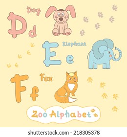 Children's alphabet with animals, dog, elephant, fox. Letter D, E, F