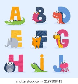 Childrens alphabet with bright different collection cute animals and letters, for design, books, print, design, poster, greeting card, postcard