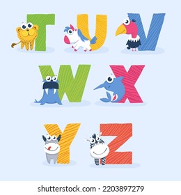 Childrens alphabet with bright different collection cute animals and letters, for design, books, print, design, poster, greeting card, postcard