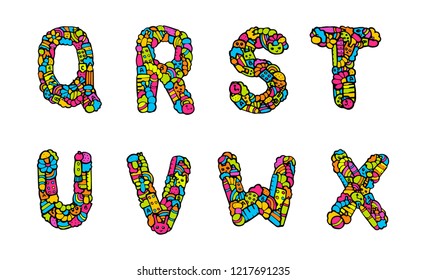 Children's alphabet doodle, Letters Q-X