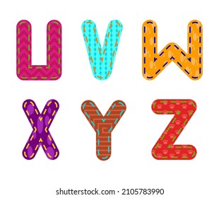 Children's alphabet in flat design. Embroidered letters U, V, W, X, Y, Z on an isolated white background. Vector stock illustration