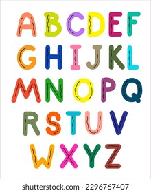 Children's alphabet with fun simple multicolored letters on a transparent background. Vector