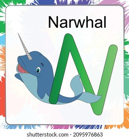 Children's alphabet with funny animals pictures for each letter. Vector illustration.N.Narwhal