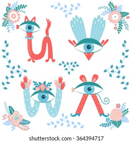 Children's alphabet. Funny letters. Cute characters.Big-eyed letter.