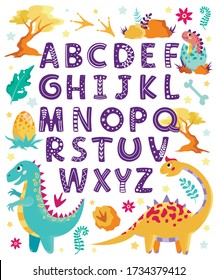 Children's alphabet set with dinosaurs. Funny print, font