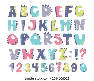 Children's alphabet in the style of dinosaurs. Letters and numbers. Set for inscriptions and lettering. Vector collection