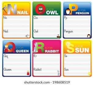 Childrens alphabet writing cards with cartoon characters on white