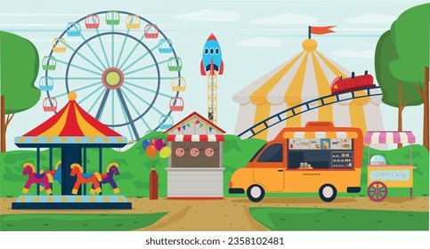 Parque de atracciones infantil. Rueda de la fortuna, carruseles, columpios, paseos, golosinas, food truck. Ilustración vectorial.