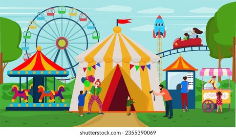 Children's amusement park with visitors. Ferris wheel, carousels, food tents, swings, funny clown. Vector illustration.