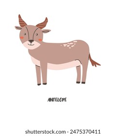Childrens animal card antelope for education. Kindergarten design. Cute african animal flash card on english language. Funny cartoon character poster for kids room with quotes.