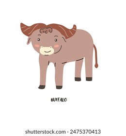 Childrens animal card buffalo for education. Kindergarten design. Cute african animal flash card on english language. Funny cartoon character poster for kids room with quotes.