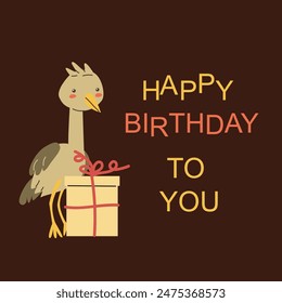 Childrens animal card with congratulation text. Cute african animal celebration design. Greeting card with little wild pet for Childish postcard. Ostrich bird with gift.