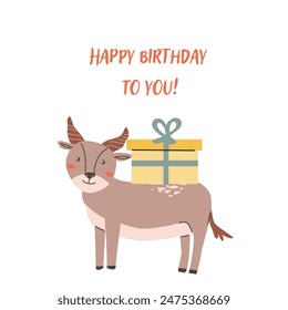 Childrens animal card with congratulation text. Cute african animal celebration design. Greeting card with little wild pet for Childish postcard with gift, antelope.