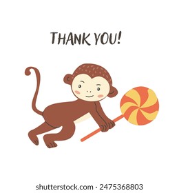 Childrens animal card with congratulation text. Cute african animal monkey celebration design. Greeting card with little wild pet for Childish postcard.