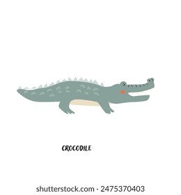 Childrens animal card for education. Kindergarten design. Cute african animal flash card on english language. Funny cartoon character crocodile poster for kids room with quotes.
