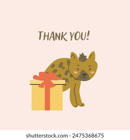 Childrens animal card hyena with congratulation text. Cute african animal celebration design. Greeting card with little wild pet for Childish postcard.