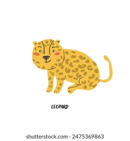 Childrens animal card leopard for education. Kindergarten design. Cute african animal flash card on english language. Funny cartoon character poster for kids room with quotes.