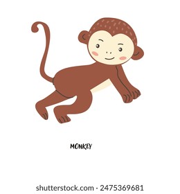 Childrens animal card monkey for education. Kindergarten design. Cute african animal flash card on english language. Funny cartoon character poster for kids room with quotes.