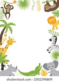 Children's animal frame - giraffe, elephant, zebra, rhinoceros, toucan, monkey, sloth, lion, crocodile. Flat vector illustrations for children.