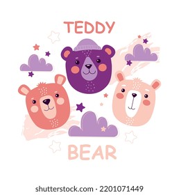 Childrens animal print. Colorful picture with muzzles of smiling bears, purple clouds, stars and inscription. Design element for printing on fabric or baby clothes. Cartoon flat vector illustration