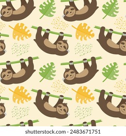 Children's animal seamless pattern. Funny sloth on a green background with leaves and dots. Vector illustration in a flat style.
