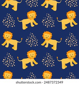 Children's animal seamless pattern. Funny lion on a blue background with dots.Vector illustration in a flat style.