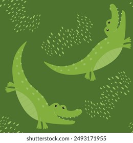 Children's animal seamless pattern. Funny crocodile on a green background with dots. Vector illustration in a flat style.