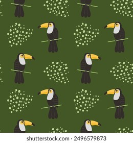 Children's animal seamless pattern. Funny toucan on a green background with dots. Vector illustration in a flat style.