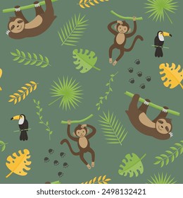 Children's animal seamless pattern. Funny toucan, sloth and monkey on a green background with tropical leaves. Vector illustration in a flat style.