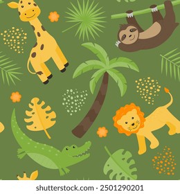 Children's animal seamless pattern. Funny lion, sloth, giraffe and crocodile on a green background with leaves and palm trees. Vector illustration in a flat style.