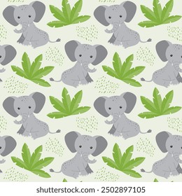 Children's animal seamless pattern. Funny elephant on a green background with leaves and dots. Vector illustration in a flat style.