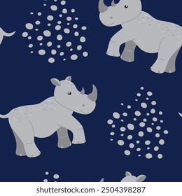 Children's animal seamless pattern. Funny rhinoceros on a blue background with dots. Vector illustration in a flat style.