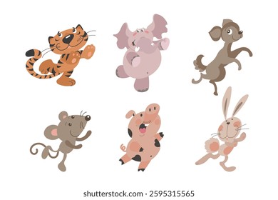 Children's animal set, cute pig, puppy, bunny, elephant, mouse and tiger. Print for children, children's textile, children's bedroom decor, postcard