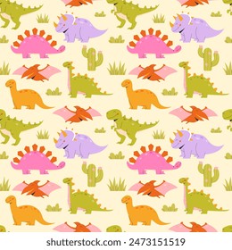 Childrens animals background. Bright cartoon dinosaurs seamless pattern on a light background