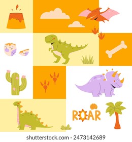 Childrens animals background. Geometric seamless pattern with dinosaurs