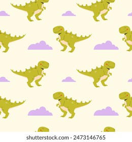 Childrens animals background. Greent cartoon dinosaurs seamless pattern on a light background