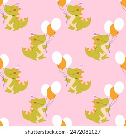 Childrens animals background. Seamless pattern with dinosaurs and balloons on a pink background