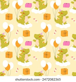 Childrens animals background. Children's seamless pattern with dinosaurs, balloons, gifts