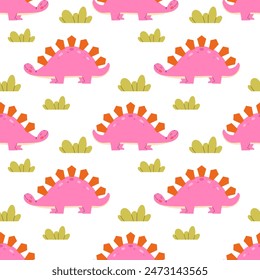 Childrens animals background. Seamless pattern with pink dinosaurs on a light background