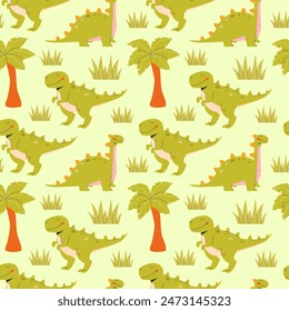  Childrens animals background. Seamless pattern with dinosaurs on a green background