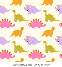  Childrens animals background. Seamless pattern with dinosaurs on a light background