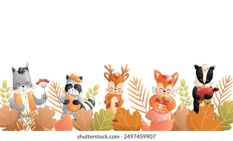 Childrens animals background. A wolf, raccoon, fox, badger, deer surrounded by autumn leaves, branches, and mushrooms.