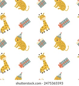 Childrens animals pattern, cute african jungle and tropical animal background for textile, poster, cover, wrapping paper. Celebration animals pattern for christmas, birthday, other holidays, leopard.