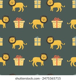 Childrens animals pattern, cute african jungle and tropical animal background for textile, poster, cover, wrapping paper. Celebration animals pattern for christmas, birthday, other holidays. Lion.