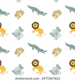 Childrens animals pattern, cute african jungle and tropical animal background for textile, poster, cover, wrapping paper. Wild animals pattern. Lion, elephant, hippo, crocodile backdrop.