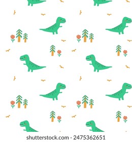 Childrens animals pattern of cute baby dinosaurs collection. For textile. Nursery design. Childrens dinosaurs background with tropical tree. Childish animals pattern, hand drawn elements.