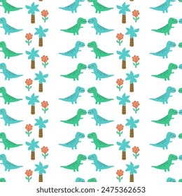 Childrens animals pattern of cute baby dinosaurs collection. For textile. Nursery design. Childrens dinosaurs background with tropical tree. Childish animals pattern, hand drawn elements.